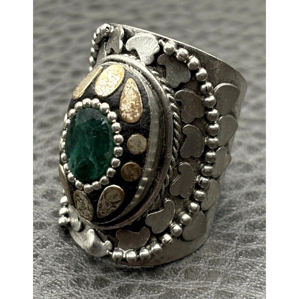 Vintage Huge Tribal Green Stone Oval Statement Ring Size 7 Silver Tone